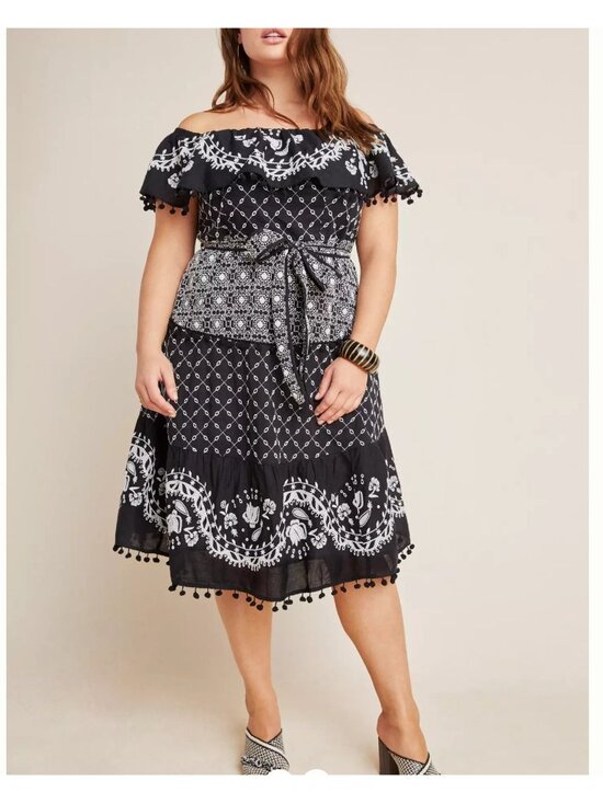 Anthropologie Dresses & Skirts - Anthropologie Off The shoulder Marisol Black White Midi Dress Ruffle 24W NWT